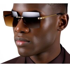 Rimless Sunglasses Square Brown Lens Gold Frame Fashion Trendy Sun Glasses Gafas